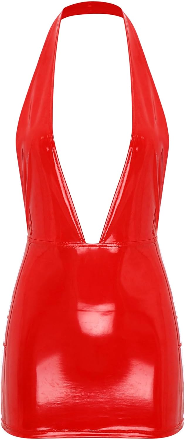 YiZYiF Womens Wet Look PVC Leather Mini Dress Halter Plunging V Neck Bodycon Dress Lingerie Clubwear
