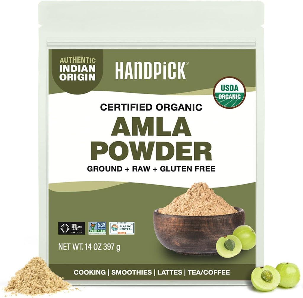 HANDPICK Organic Amla Powder (14oz) Amalaki, USDA Organic, Non-GMO | 100% Raw and Natural - Lab Tested for Purity | Indian Gooseberry Powder | Resealable Zip Lock Pouch