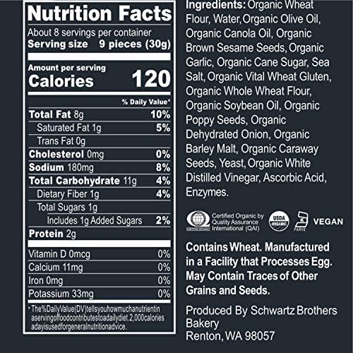 Everything Bagel Chips NY Style Bagel Crisps. Organic, Vegan, Kosher. From the artisans of Schwartz Brothers Bakery. Baked Fresh. Twice Baked. 8 ounce container. Great Snack. Delicious. Pack of 2.