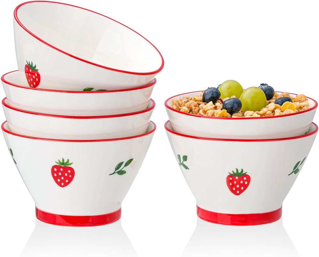 Ice Cream Bowls Set of 6, 12 OZ Small Ceramic Bowls for Soup, Rice and Side Dishes, Cereal Bowl for Dessert and Fruit - Cute Strawberry Pattern