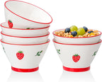 Ice Cream Bowls Set of 6, 12 OZ Small Ceramic Bowls for Soup, Rice and Side Dishes, Cereal Bowl for Dessert and Fruit - Cute Strawberry Pattern