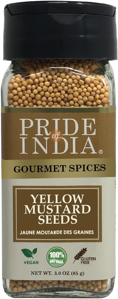 Pride of India – Yellow Mustard Seed Whole – Pungent & Aromatic – Gourmet Indian Spice – Add in Salads/Dressings/Chicken/Meat/Pickles – Easy to Use – 2.8 oz. Small Dual Sifter Bottle