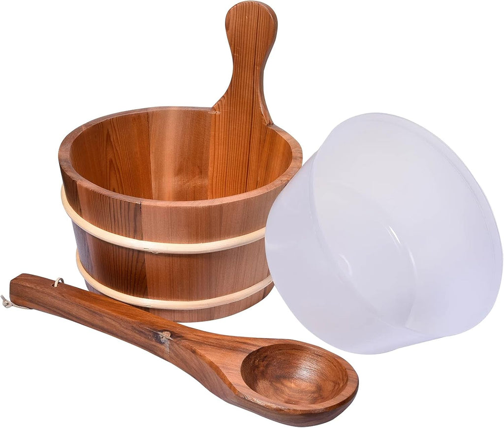 AIZYR Sauna Wooden Bucket and Ladle Kit - Handmade Sauna Spa Accessory with Plastic Liner for Family Sauna Bath