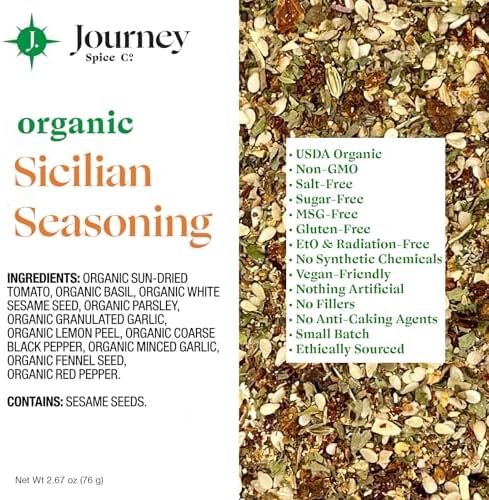 Organic Sicilian Seasoning by Journey Spice Co. | Salt-Free, Sugar-Free, Non-GMO | Natural Mediterranean Italian Spice Herb Blend for Pasta, Veggies, Meat, Salad, and More. | 2.67 oz. | Resealable/Reusable Cap