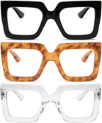 3 Pack Oversized Thick Frame Reading Glasses for Women,Stylish Square Large Readers Blocking Blue Light Glasses
