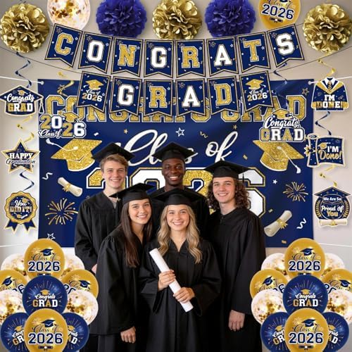 Navy Blue and Gold Graduation Decorations 2026 Set, All-in-1 Kit with Congrats Grad Banner Class of 2026 Backdrop Porch Sign Balloons Centerpieces Card Box Pom Poms Streamers for College High School