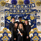 Navy Blue and Gold Graduation Decorations 2026 Set, All-in-1 Kit with Congrats Grad Banner Class of 2026 Backdrop Porch Sign Balloons Centerpieces Card Box Pom Poms Streamers for College High School