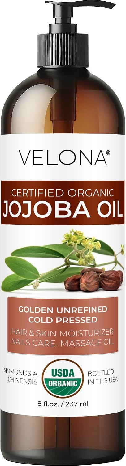 velona Jojoba Oil USDA Certified Organic - 8 fl oz (With Pump) | 100% Pure and Natural | Golden, Unrefined, Cold Pressed, Hexane Free | Moisturizing Face, Hair, Body, Skin Care