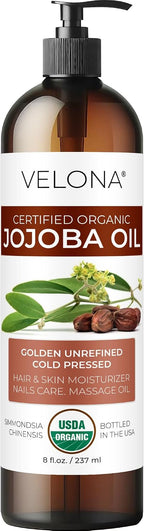 velona Jojoba Oil USDA Certified Organic - 8 fl oz (With Pump) | 100% Pure and Natural | Golden, Unrefined, Cold Pressed, Hexane Free | Moisturizing Face, Hair, Body, Skin Care