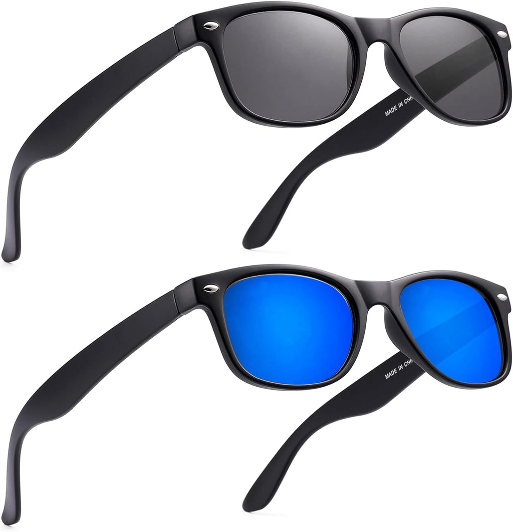 2 Pack Reader Sunglasses for Men Women Classic Rectangle Reading Glasses Outdoor Full Lenses Magnifying Eyewear UV Protection Black/Blue+2.0