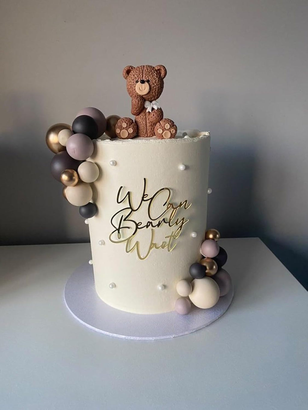 Acrylic We Can Bearly Wait Cake Topper - Gold Bear Cake Decorations for Baby Shower/Gender Reveal Party Supplies