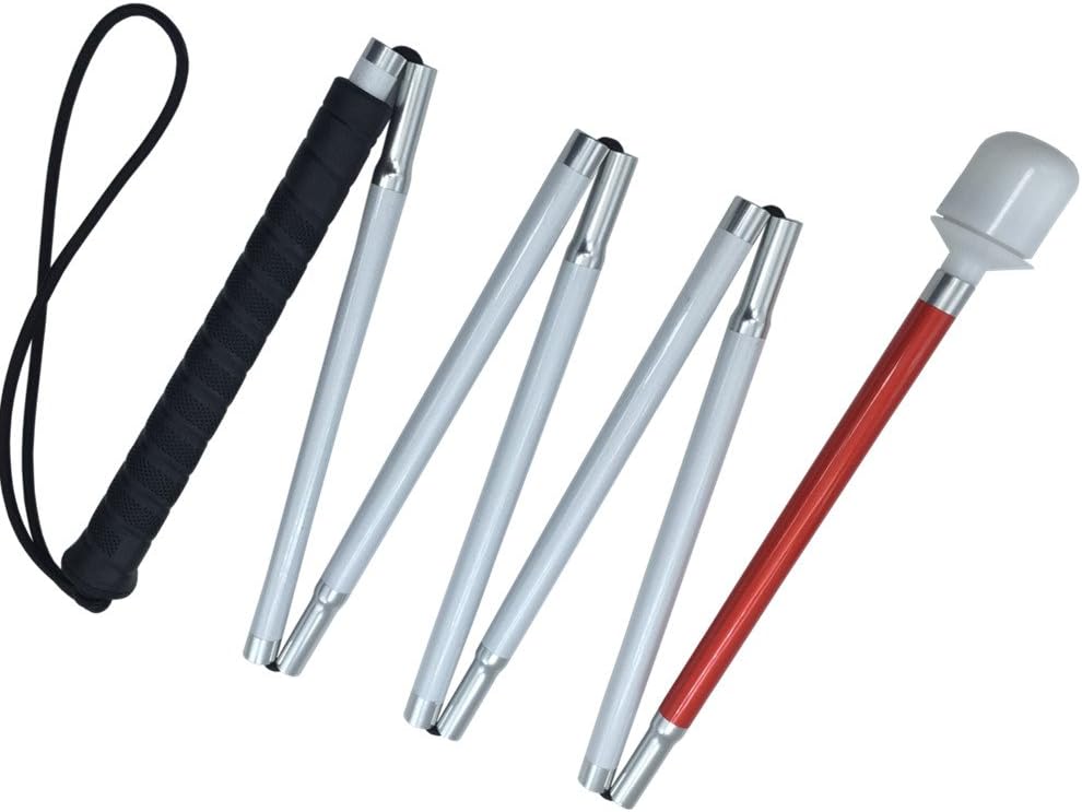 Aluminum Mobility Folding White Cane for Vision Impaired and Blind People (Folds Down 7 Sections) (Black Handle, 145cm (57.1 inch))
