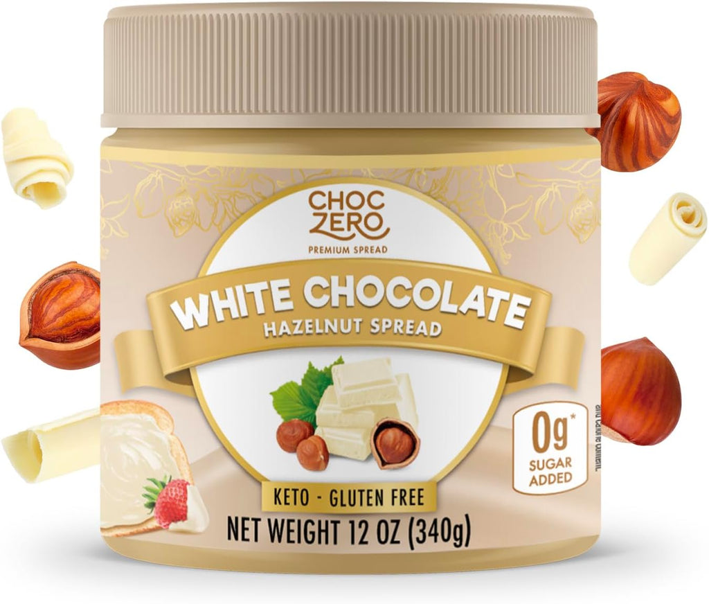 ChocZero Keto White Chocolate Hazelnut Spread - Keto Friendly, No Sugar Added, Best Low Carb Dessert, Perfect Topping for Breakfast, Naturally Sweetened with Monk Fruit (1 jar, 12 oz)