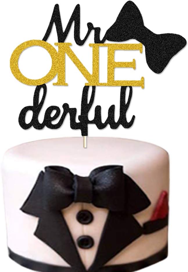 Mr Onederful Cake Topper Glittery Little Man Boy 1st Birthday Cake Decoration for Bow Tie/Moustache/Top Hat/Mr Wonderful Themed Boys One Year Old Birthday Party Supplies Decorations