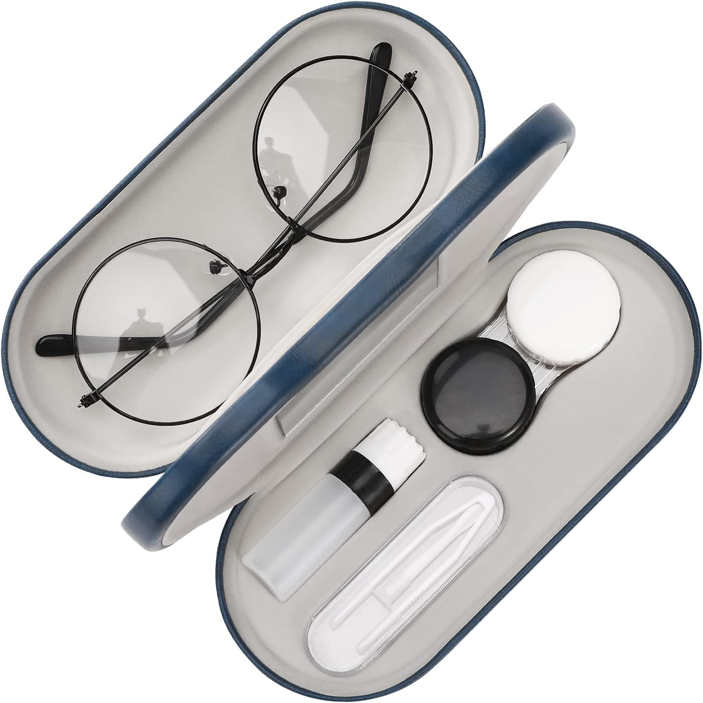MoKo Double Eyeglass Case, Contact Lens Case with Mirror Tweezers Remover, 2 in 1 Double Sided Portable Contact Lens Box Holder Container Soak Storage Kit Sunglasses Pouch for Men & Women, Blue