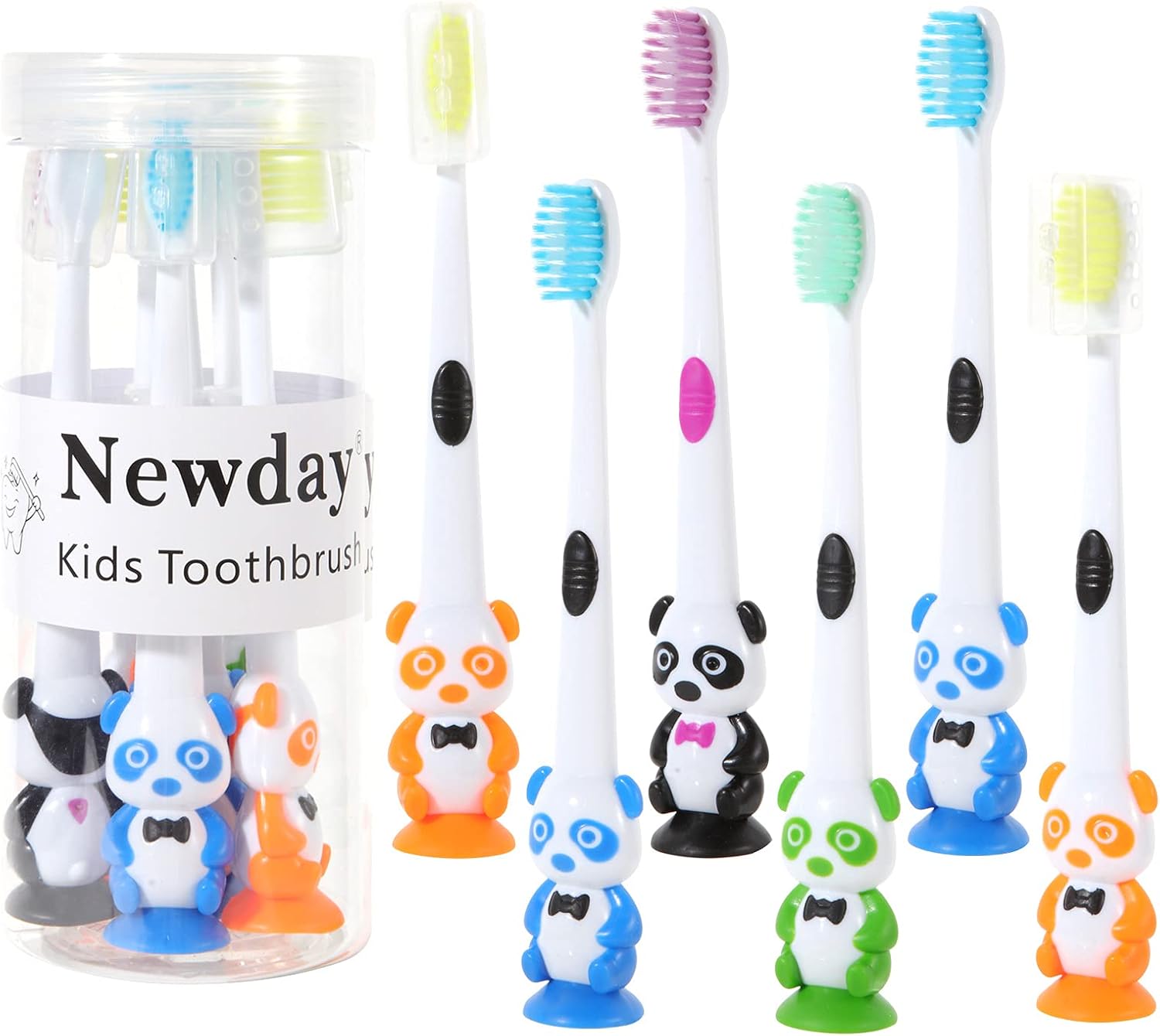 Newday Kids toothbrushes 6 Pack Set Soft Bristles with Suction Cup, Includes Travel Covers, Bear Panda toothbrushes for Kids Boys & Girls, Toddlers &Children Teeth