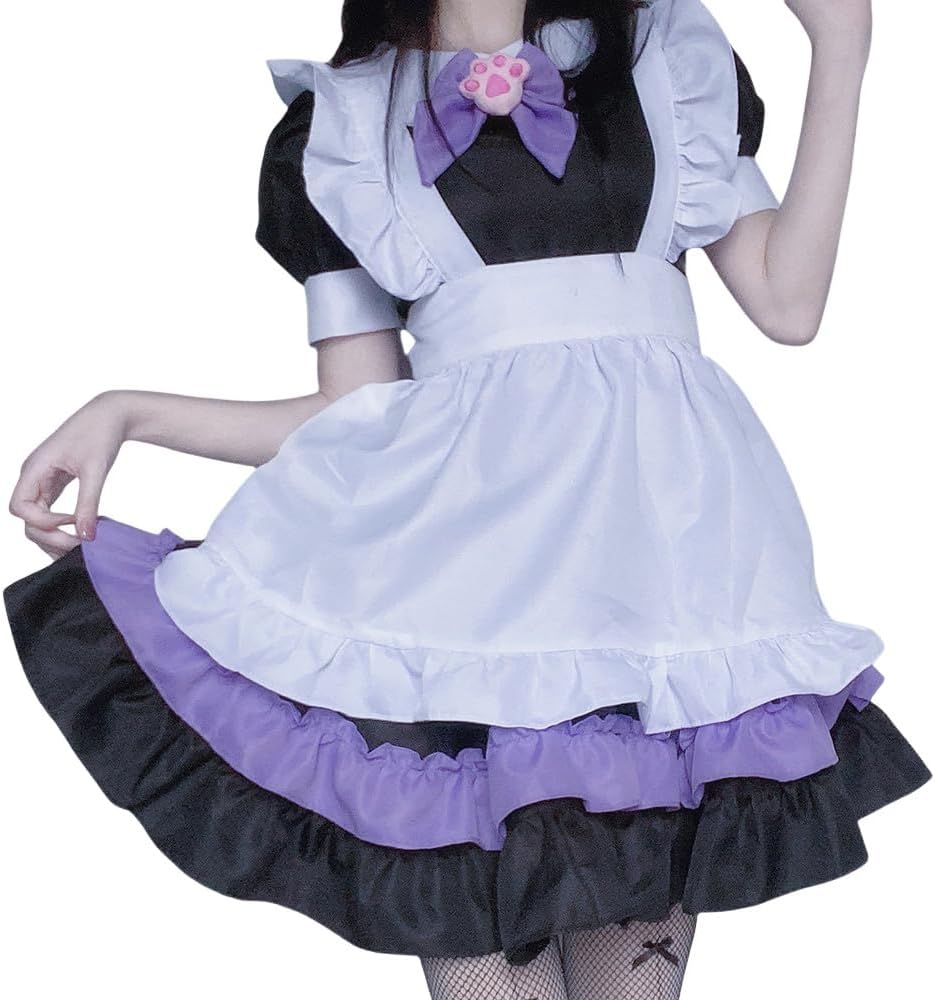 5pcs White Black Purple Maid Outfit Lolita Dress Set Anime Cosplay Costume Fancy Dress Costume for Women