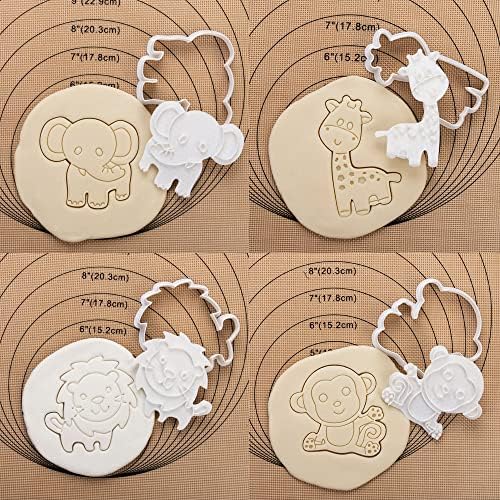Flycalf Animal Cookie Cutter Set of 4 With Plunger Stampers Handle Jungle Baking Mold for Kids Cake Supplies 3" Forest Decorating Biscuit Fondant Tools