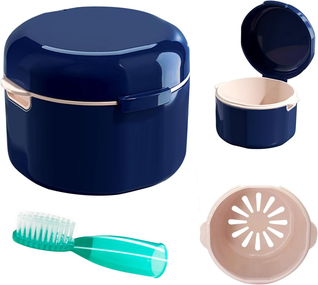 Denture Cup, Denture Bath, Denture Cups for Soaking Dentures, Denture Case with Lid, Denture Bath with Rinsing Basket, Easy to Carry and Clean Retainer Case Denture Cleaning kit