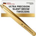 Beauty Power Tweezers for Women Facial Hair: Ultra Precision Tweezers for Women & Men, Sharp Slant Tweezer for Eyebrows, Ingrown Hair Removal. Professional Plucker + Case, German Stainless Steel Gold