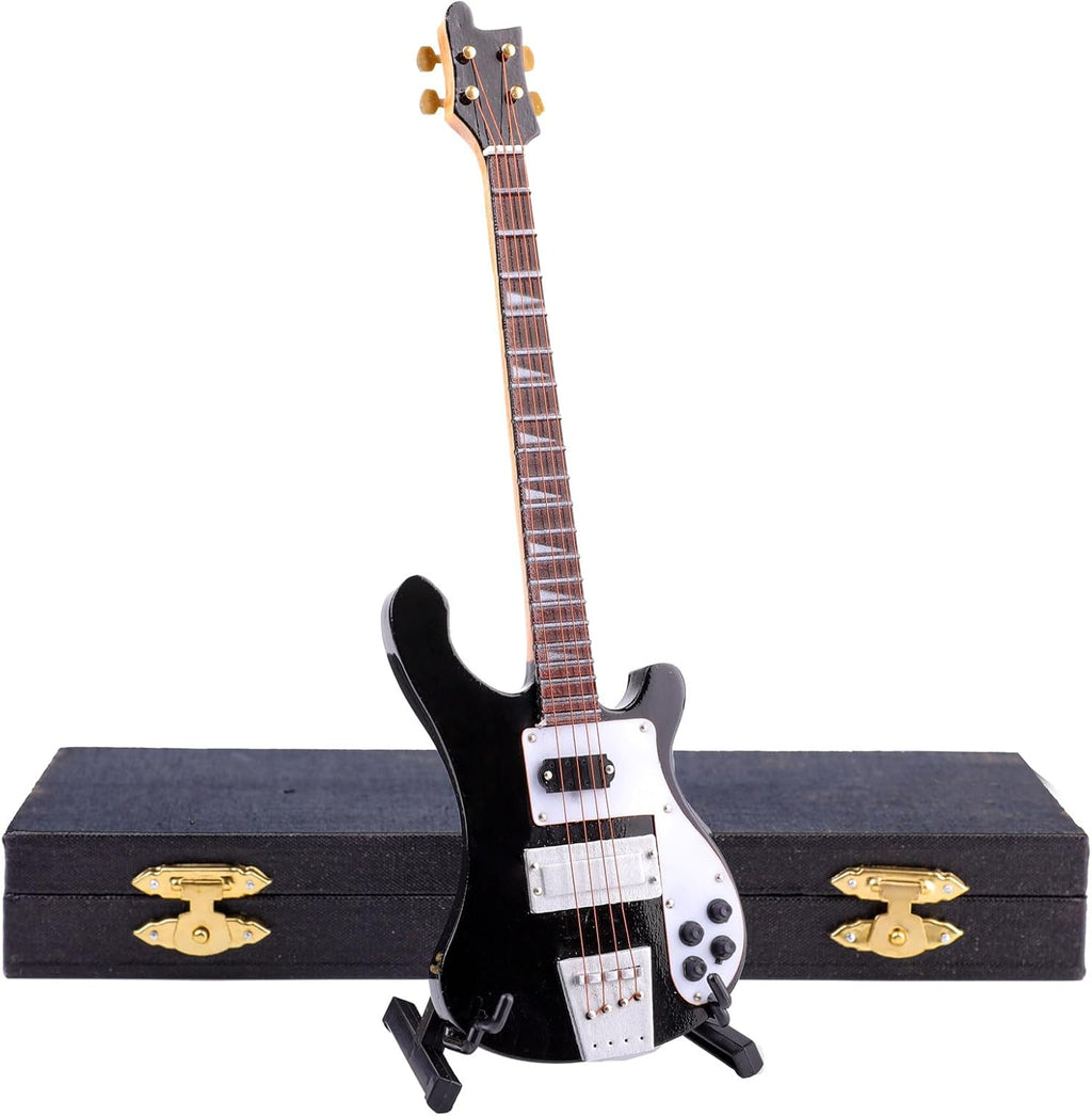 Wooden Miniature Electric Bass Guitar with Stand and Case Mini Musical Instrument Electric Bass Guitar Replica Collectible Figurines Model Home Decoration Birthday Gifts (7.87"x2.36"x0.35")