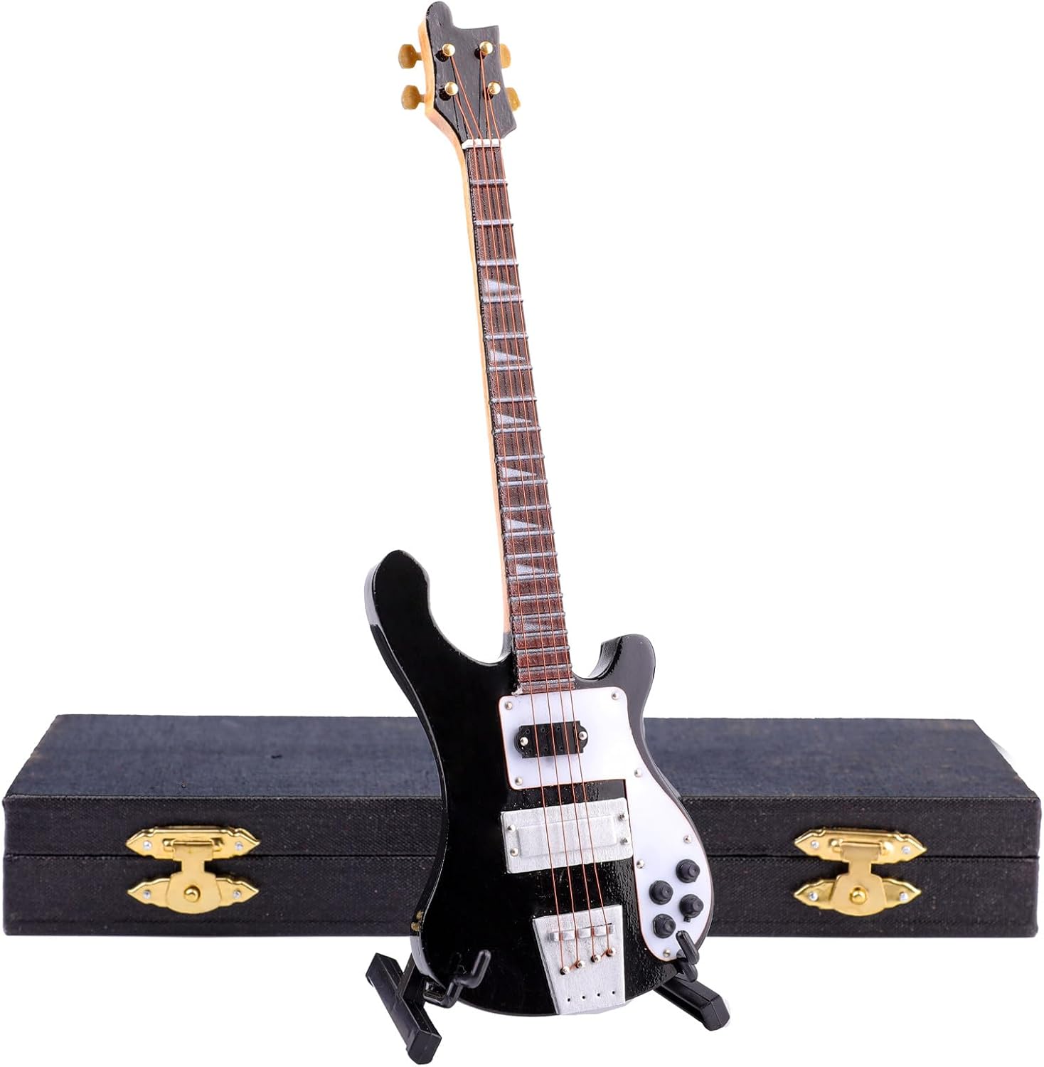 Wooden Miniature Electric Bass Guitar with Stand and Case Mini Musical Instrument Electric Bass Guitar Replica Collectible Figurines Model Home Decoration Birthday Gifts (7.87"x2.36"x0.35")
