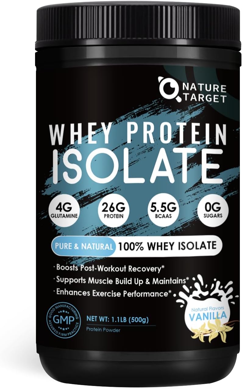 NATURE TARGET 100% Whey Protein Isolate - Vanilla, 26g Protein, Only 4 Ingredients - 0 Sugar, Keto Friendly, Gluten-Free - 1.1 LB (16 Servings)