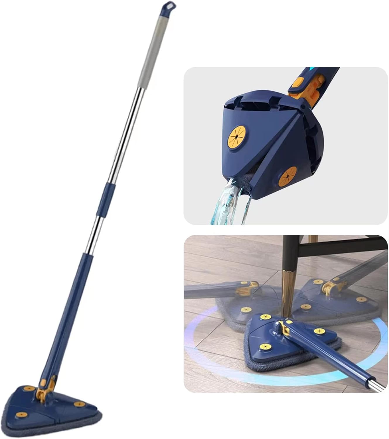 360° Rotatable Adjustable Cleaning Mop Reusable Triangle Mop with 52.1'' Long Handle Automatic Wringing Squeezing Water Cleaning Mop Spin Mop Wet Dry Scrubber Brush for Floor Ceiling Window (Blue)