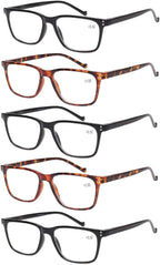 JOSCHOO 5 Pack Reading Glasses Men Women Spring Hinges Comfortable Glasses for Reading (3 Black 2 Tortoise, 1.5)Medium