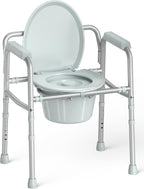 HOMLAND 3-in-1 Bedside Commode Chair with Sturdy Dual-Crossbar Support Construction, Stable Portable Commode Toilet with 7.5Qt Potty Bucket, 350 Lbs Bedside Commodes for Seniors, Silver