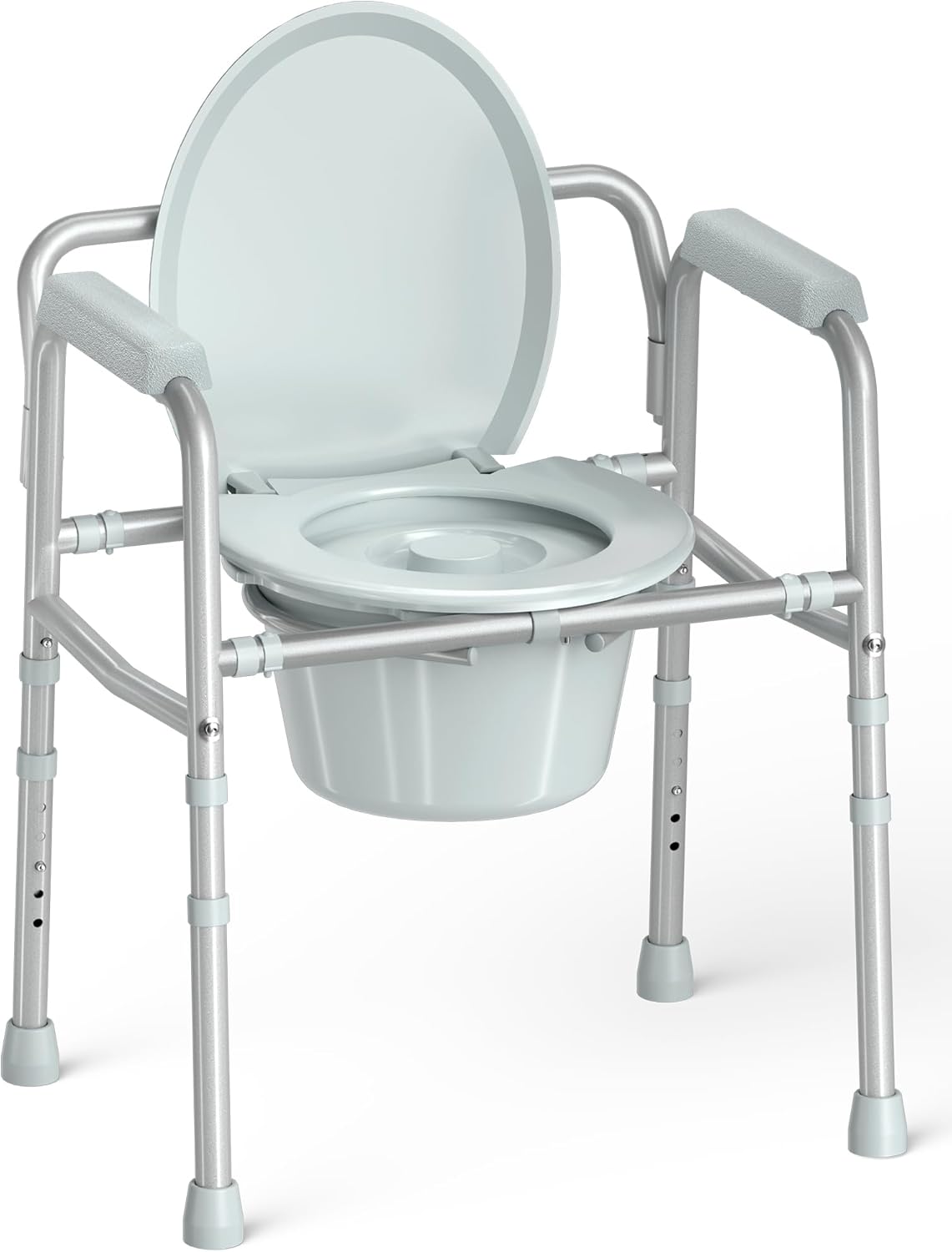 HOMLAND 3-in-1 Bedside Commode Chair with Sturdy Dual-Crossbar Support Construction, Stable Portable Commode Toilet with 7.5Qt Potty Bucket, 350 Lbs Bedside Commodes for Seniors, Silver