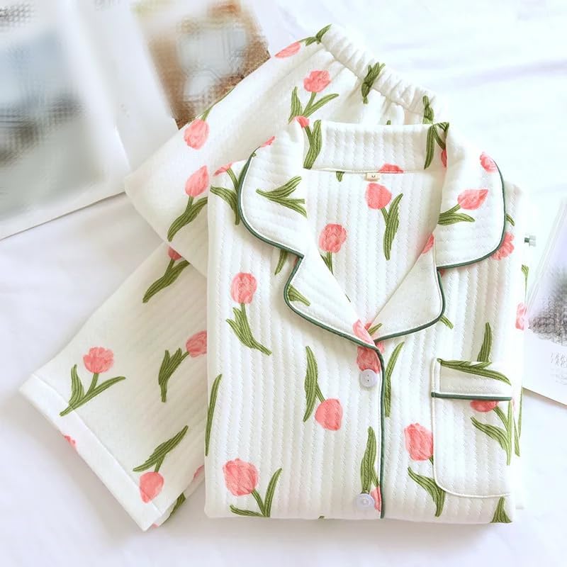 REHJJDFD Women Thick Cotton Pajamas Set Autumn Long-Sleeved Trousers Warm Loose Home Service Sleepwear