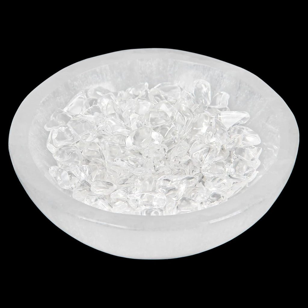 4" Selenite Crystal Bowl with 100g Clear Quartz Chips- Selenite Charging Bowl for Energy Cleansing, Charging, Meditation, Home Decor & Crystal Healing