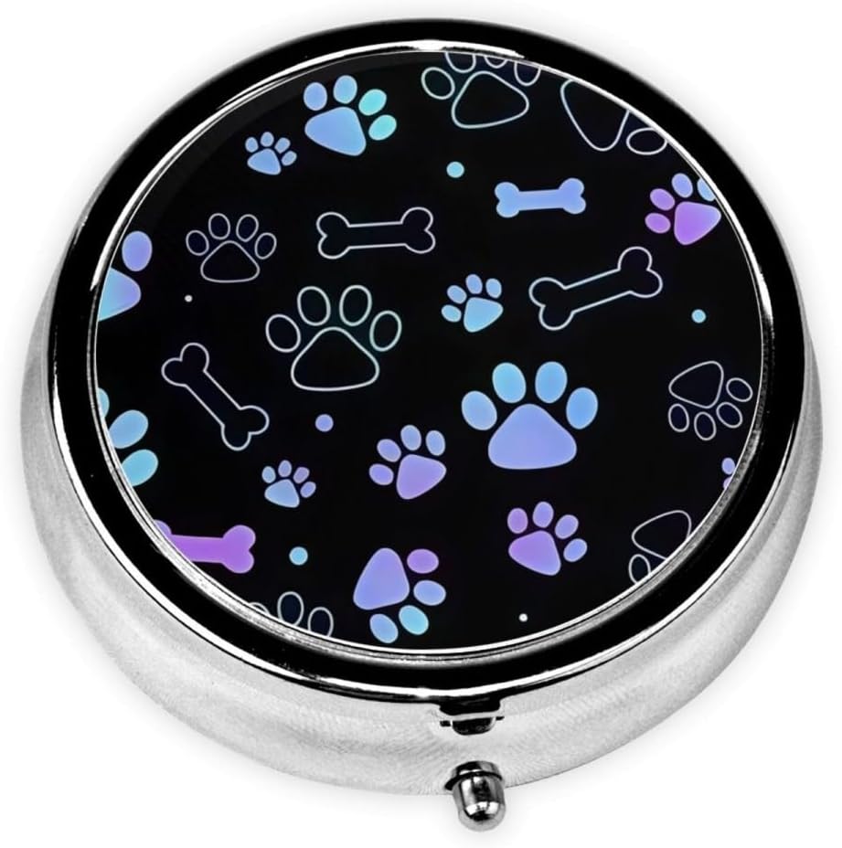 Pill Box 3 Compartment Pocket Small Pill Organizer Mini Metal Pill Holder Travel Portable for Man Old People and Kids - Gradient Black Dog Paw Print