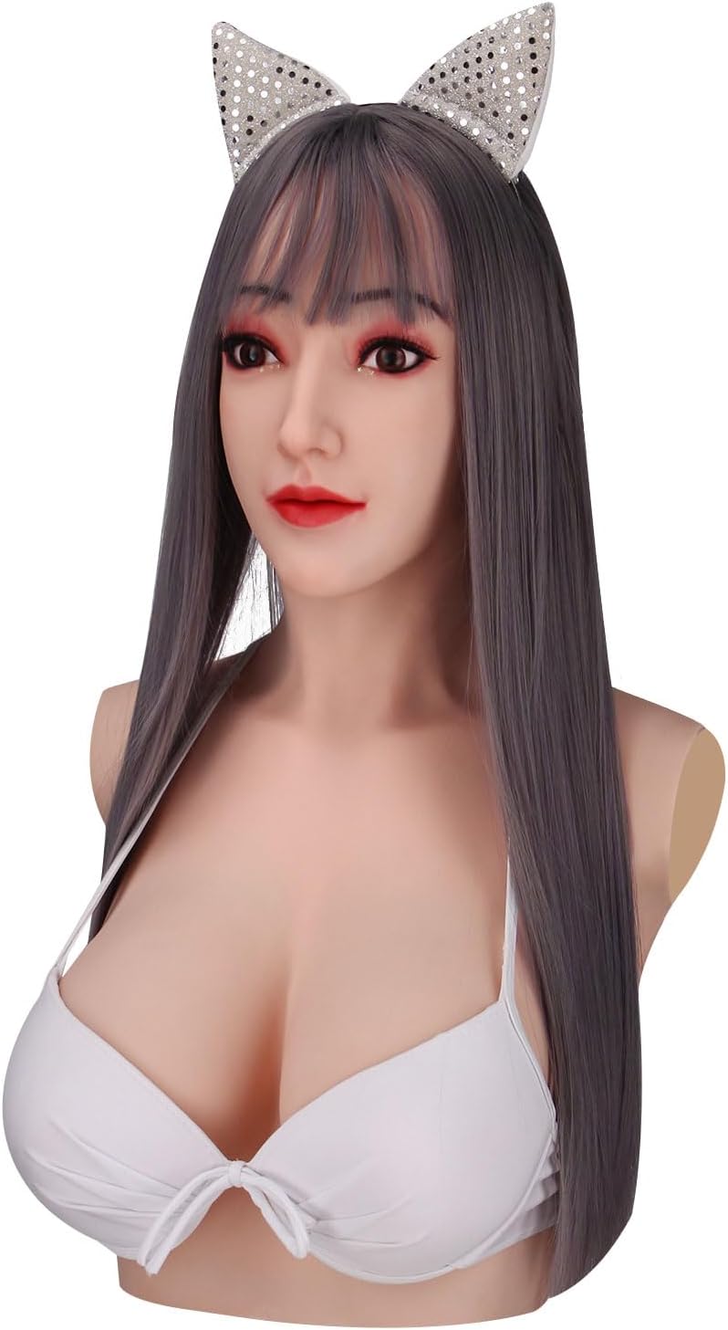 Crossdresser Mask Silicone Female Head Masks Face Female Disguise Mask D Cup Fake Breast for Halloween Cosplay