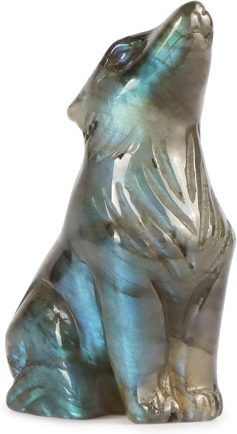 Artistone Labradorite Crystal Wolf Statue 2.0 inch Hand Carved Gemstone Wolf Figurine Small Animal Carvings Collective Healing Stones for Home Decor Reiki Gifts