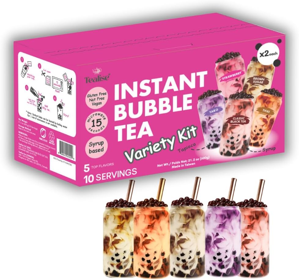 Tealise Instant Bubble Tea Kit (10 Servings), Ready in 30 Seconds, No Boiling, Syrup-Based Boba Kit with Chewy Tapioca Pearls, 5 Flavors Variety Pack, DIY Milk Tea at Home