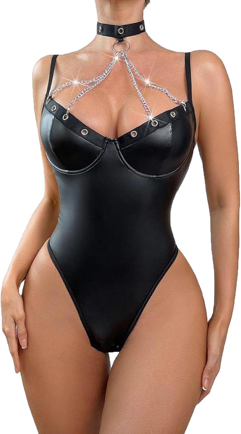 Women's Sexy Strappy Faux Leather Bodysuit Babydoll One Piece Teddy Lingerie V Neck Outfit Choker with Chain Detail