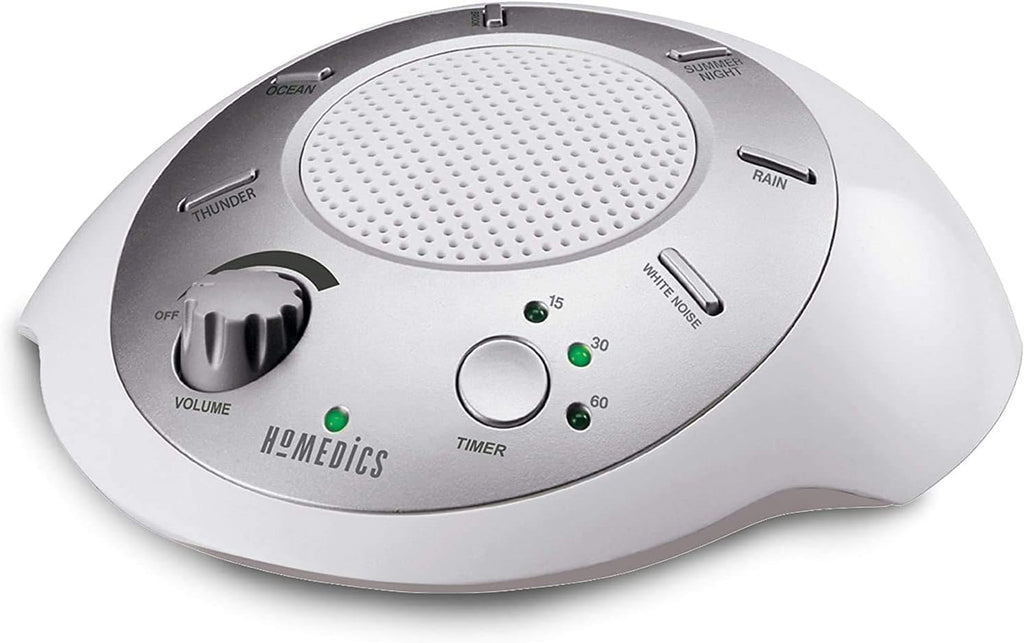 Homedics SoundSleep White Noise Sound Machine, Silver, Small Travel Size with 6 Relaxing Nature Sounds, Portable Therapy for Home, Office, Nursery, Auto-Off Timer