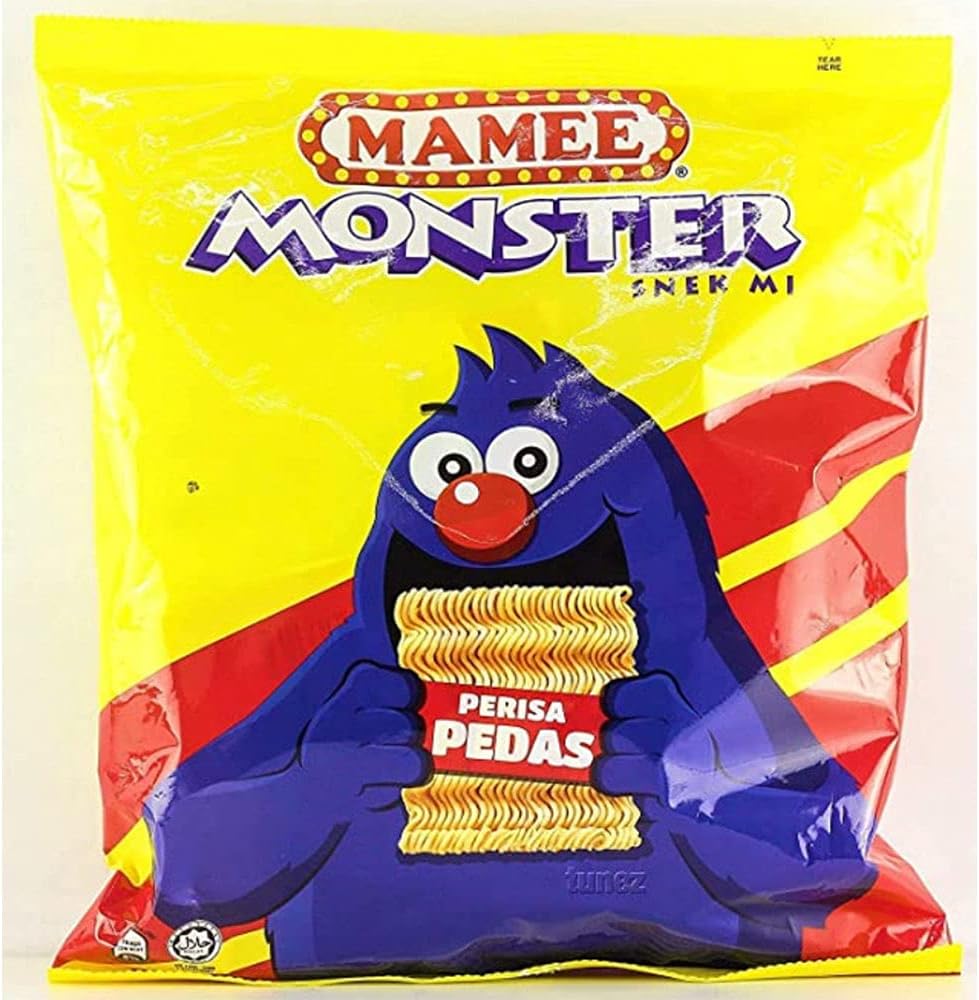 Mamee Malaysia Mamee Monster Chicken BBQ Spicy Pedas Flavour Instant Noodles Tea Time Snack Food Halal Ayam Pedas 7.05oz 1 Pack x 200g (8 Packs) (Spicy)