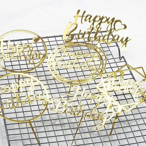 Gold Cake Topper Set Double Sided Glitter Acrylic Happy Birthday Cupcake Toppers Birthday Decorations for Children Adults