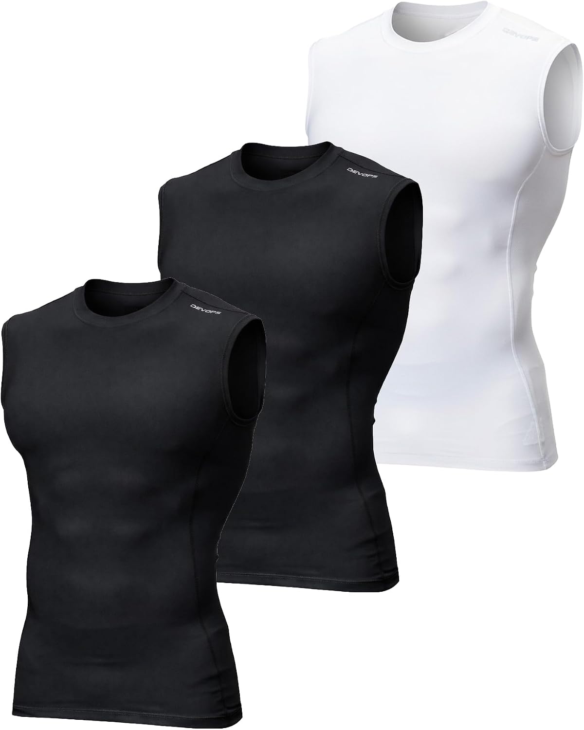 DEVOPS 3 Pack Men's Compression Shirts Sleeveless Workout Tank Top Baselayer for Gym Training, Running, Moisture Wicking