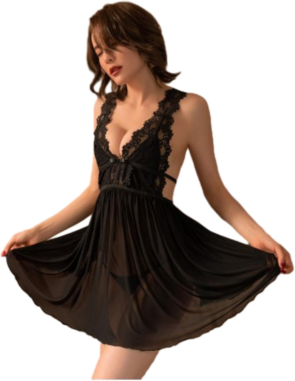 GRAYDREAM Sexy Lingerie Women's Sexy Back Slit Pajamas Lace Transparent Hot Temptation Nightgown