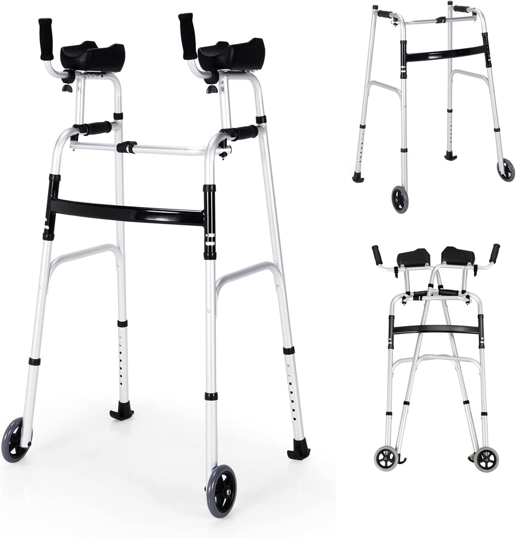 GYMAX Walkers for Seniors, Folding Upright Standard Walkers 440lbs with 5'' Wheels & Removable Padded Armrests, Lightweight Adjustable Rolling Walker for Elderly, Limited Mobility (Silver)
