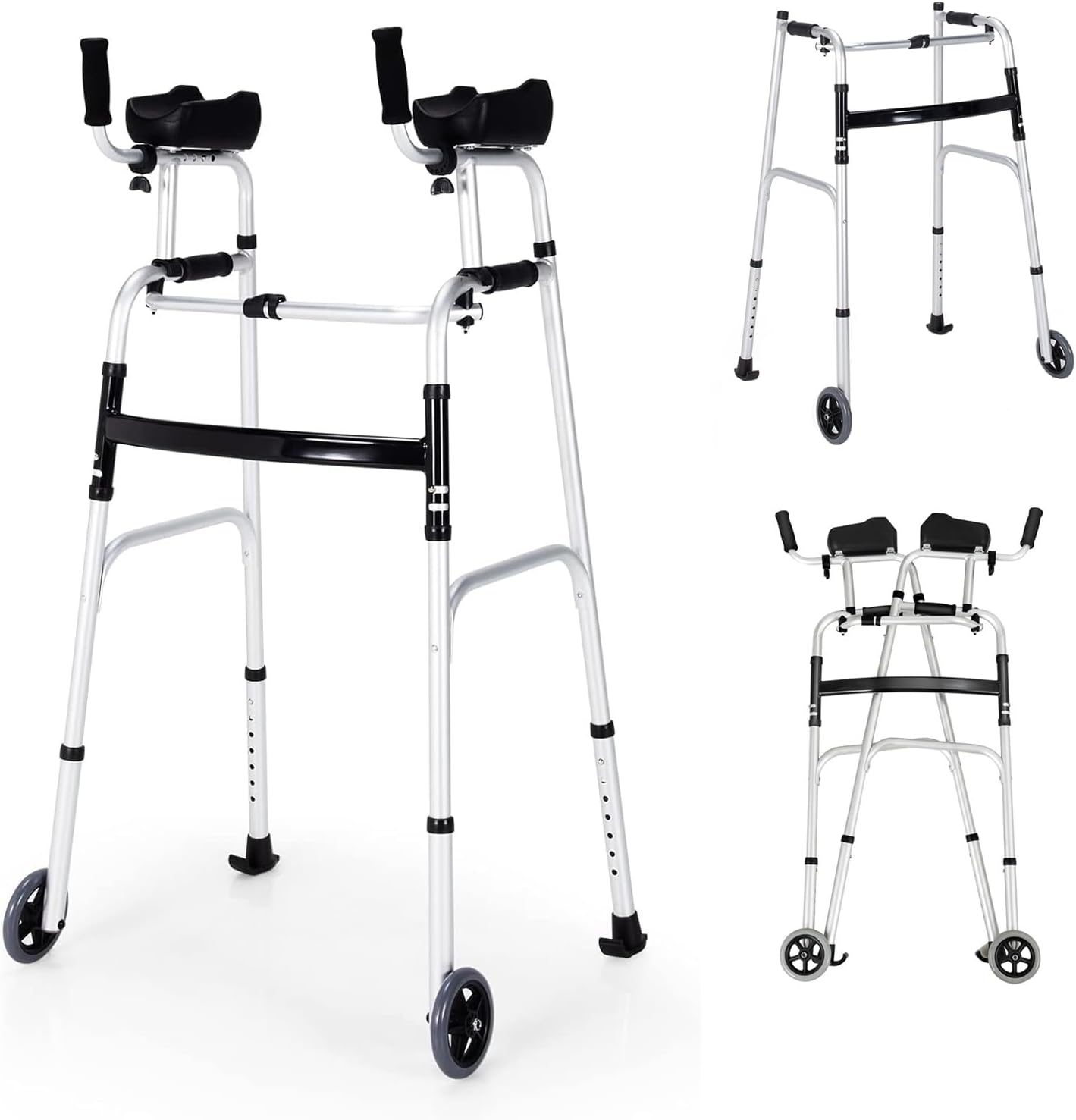 GYMAX Walkers for Seniors, Folding Upright Standard Walkers 440lbs with 5'' Wheels & Removable Padded Armrests, Lightweight Adjustable Rolling Walker for Elderly, Limited Mobility (Silver)