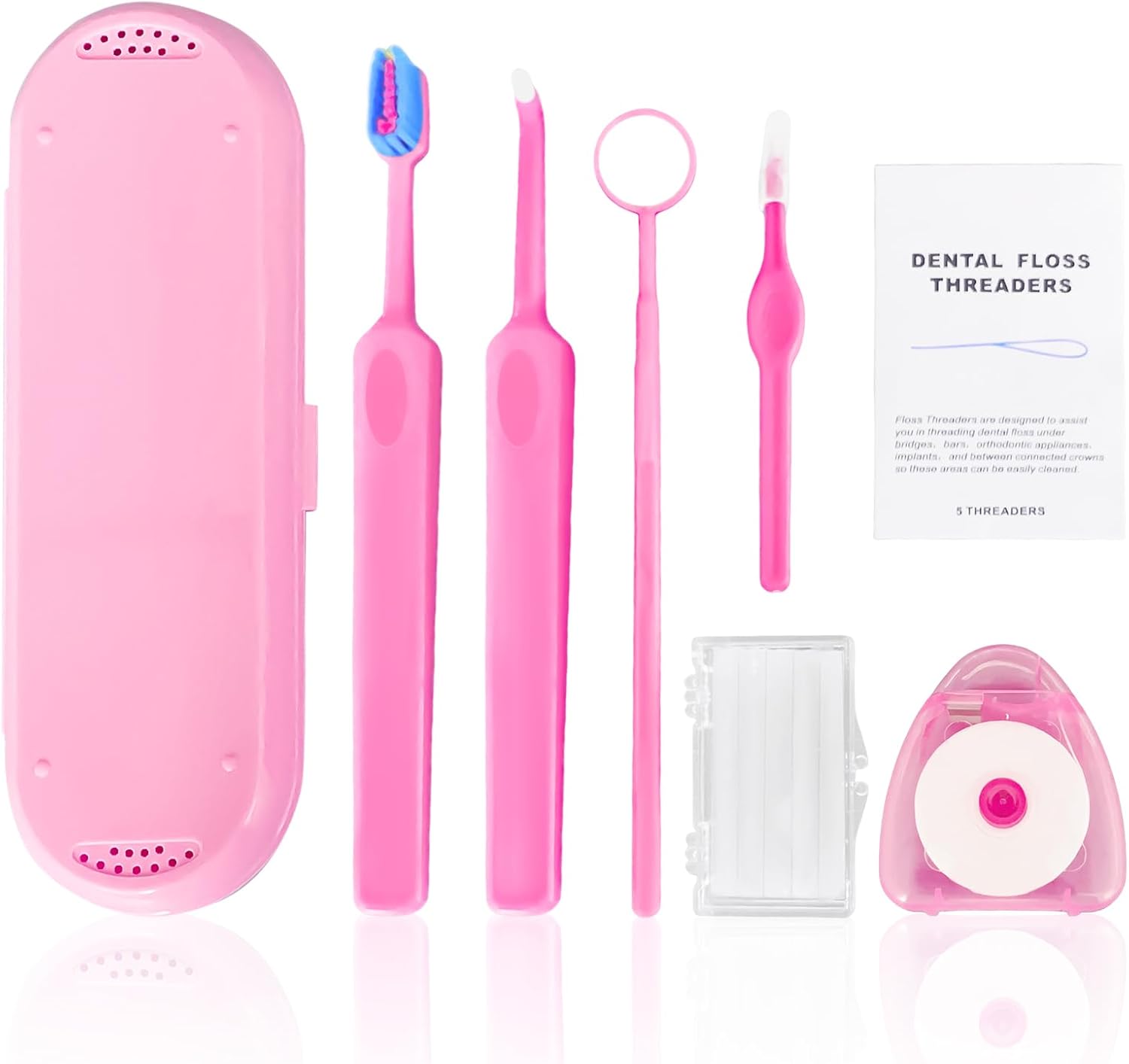 7-in-1 Orthodontic Oral Care Kit with Case – Toothbrush, End Tuft Toothbrush, Dental Mirror, Interdental Brush, Dental Floss and Threaders, Dental Wax, Portable Hygiene Set for Braces Daily Use (Pink)