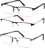 JJWELL 3 Pack Mens Reading Glasses Blue Light Blocking, Metal Rectangle Semi Rimless Readers for Men, Anti Eyestrain/Computer Glare/UV, Half Frame Spring Hinge Eyeglasses with Pouches(1.50)