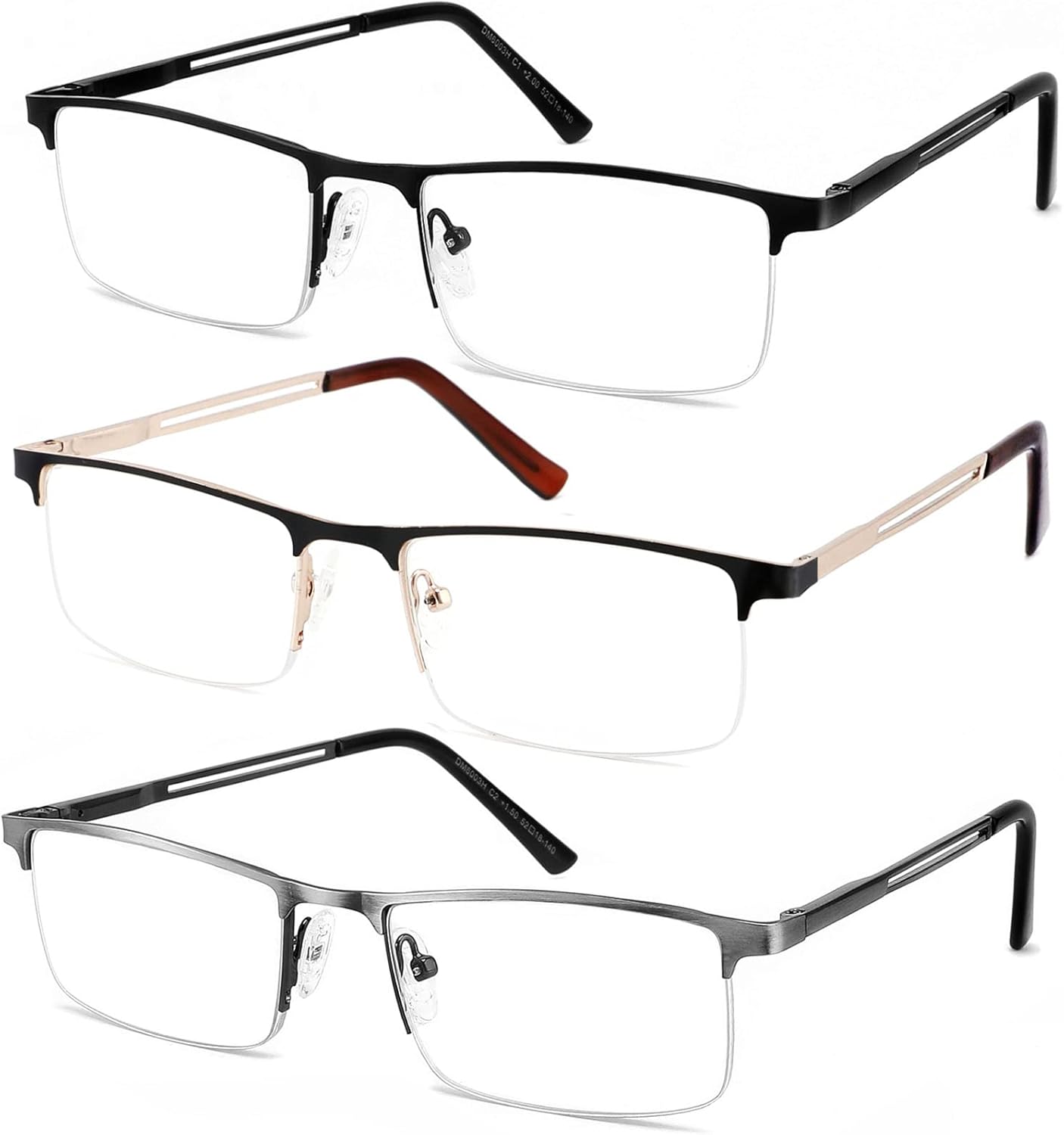 JJWELL 3 Pack Mens Reading Glasses Blue Light Blocking, Metal Rectangle Semi Rimless Readers for Men, Anti Eyestrain/Computer Glare/UV, Half Frame Spring Hinge Eyeglasses with Pouches(1.50)