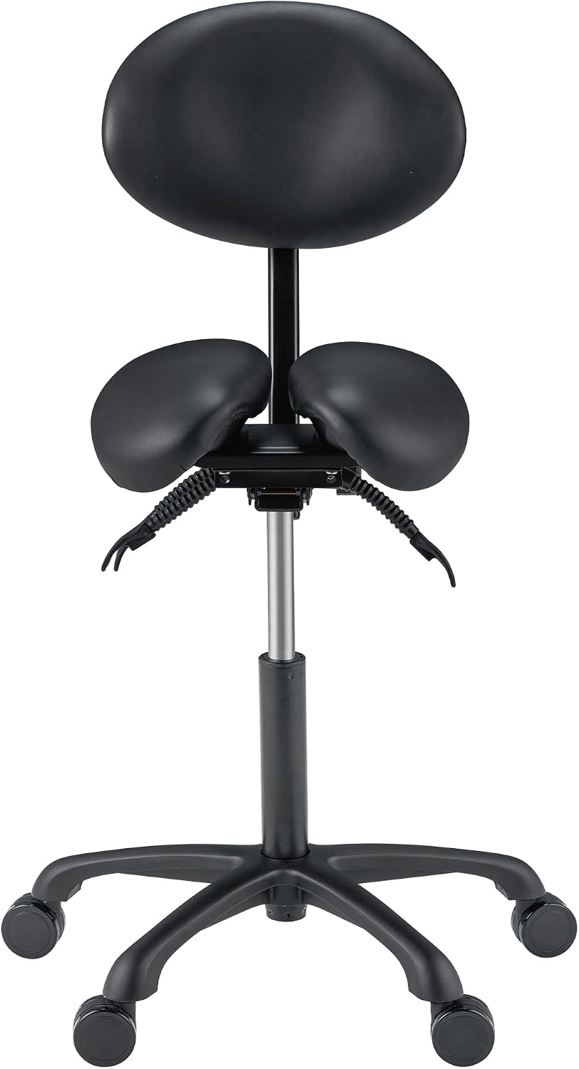 Master Massage Berkeley Ergonomic Saddle Stool - Two Split Seat Stool - Hydraulic Swivel Rolling Seat & Saddle Posture Correction Chair with Backrest - Black