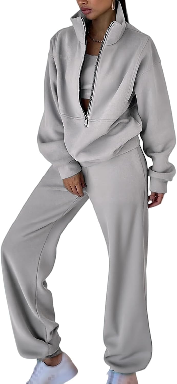 JSLOOO Womens Casual Sweatsuits 2 Piece Lounge Sets Fleece Half Zip Turtleneck Sweatshirt Jogger Pants Tracksuit Set